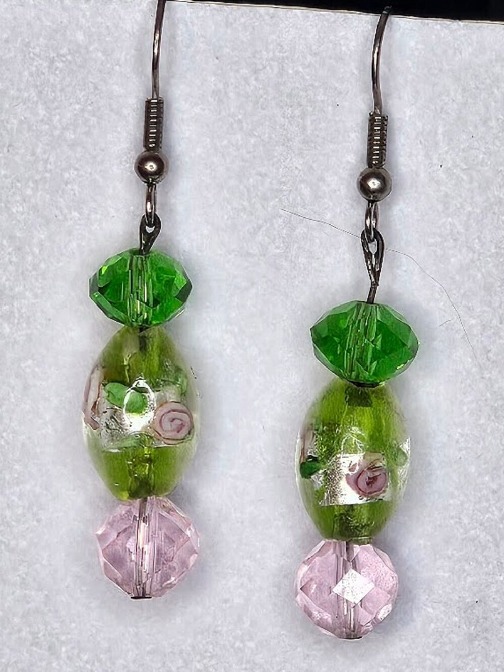 Beautiful Handcrafted Green Floral Glass & Pink Crystal Dangle Earrings